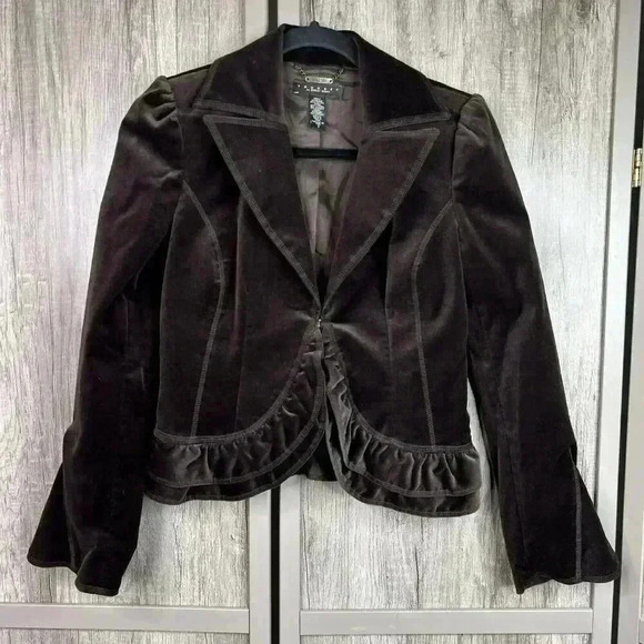 Laundry by Shelli Segal Blazer 2 Velvet Brown Bohemian Puff Sleeve Ruffle - Picture 1 of 7
